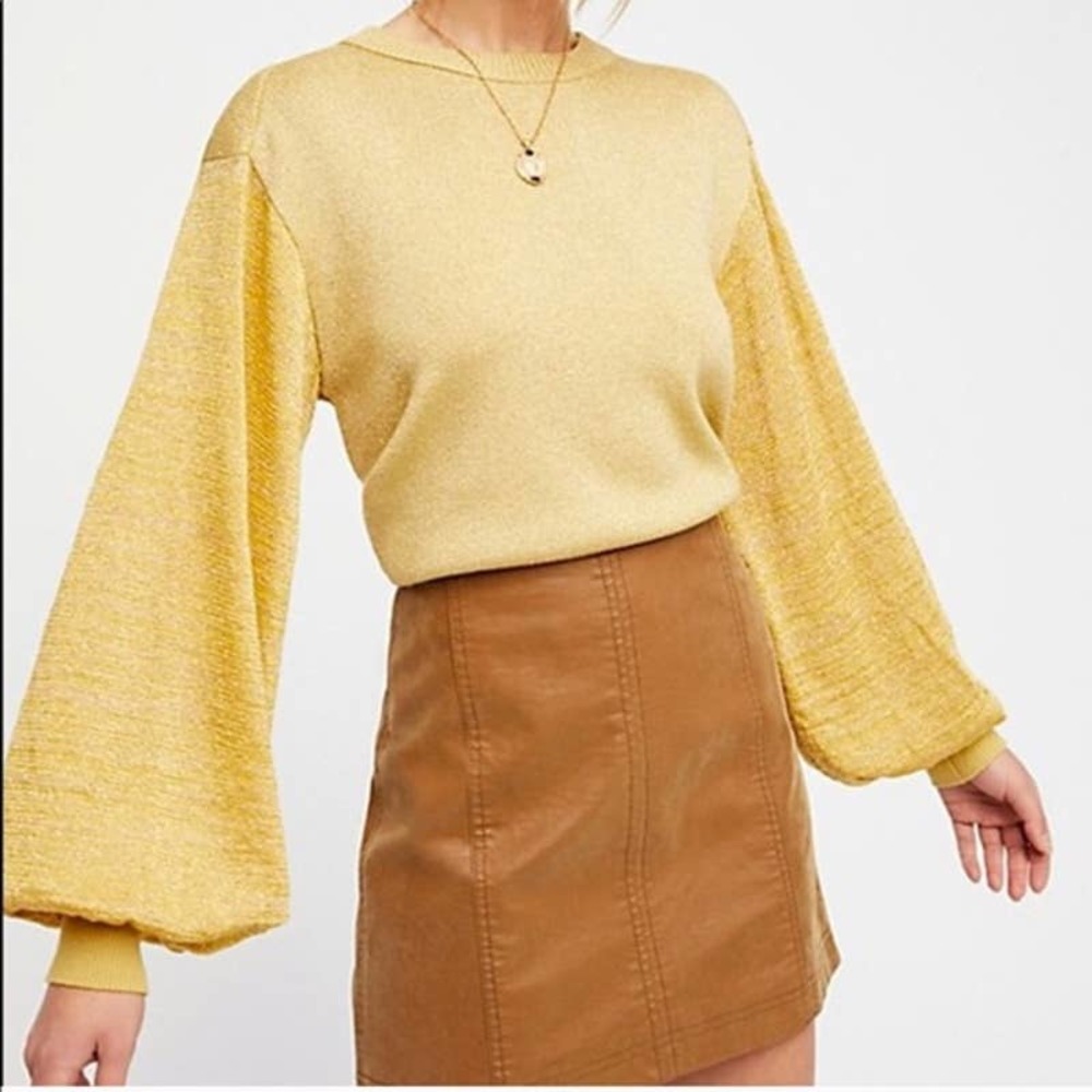 Free People Metallic Gold Let It Shine Balloon Sleeve Sweater Size M